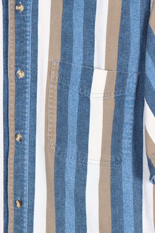 ROUTE 66 Navy & Tan Stripe Short Sleeve Button Up Shirt (S-M) - Vintage Sole Melbourne