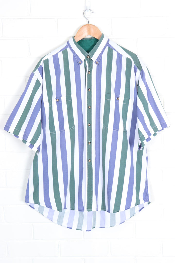 Purple & Green Stripe Short Sleeve Button Up Shirt (XXL)