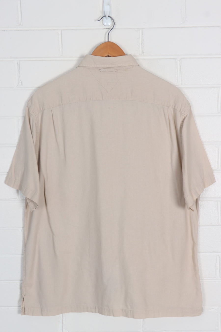 Bone TOMMY HILFIGER Box Logo Textured Short Sleeve Button Up Shirt (L-XL)