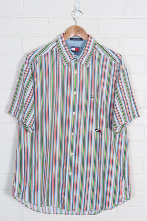 TOMMY HILFIGER Box Logo Rainbow Stripe Short Sleeve Shirt (XL-XXL)