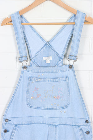 Light Blue Cat Stitched Long Denim Overalls Hong Kong Made (M) - Vintage Sole Melbourne