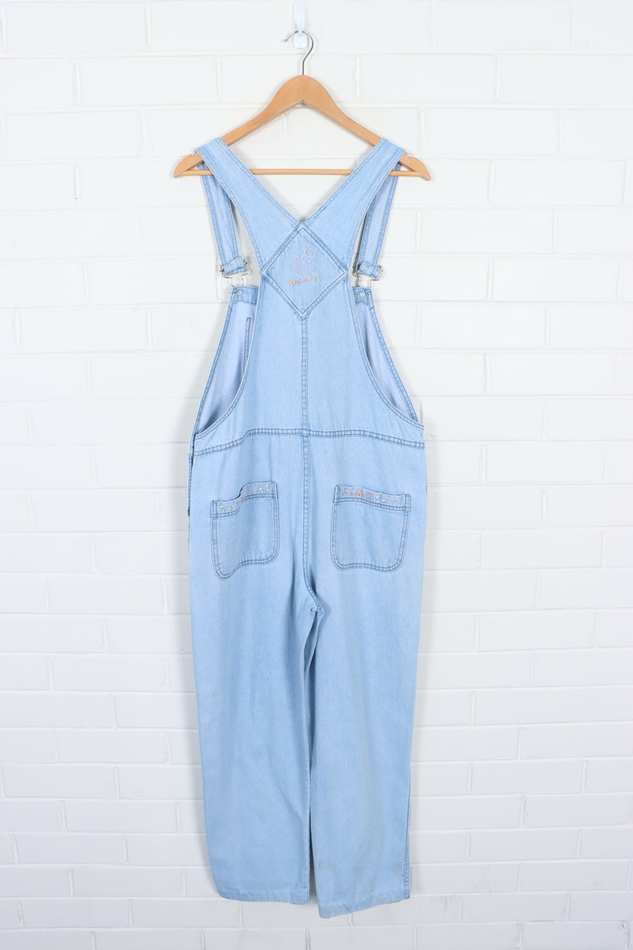 Light Blue Cat Stitched Long Denim Overalls Hong Kong Made (M) - Vintage Sole Melbourne