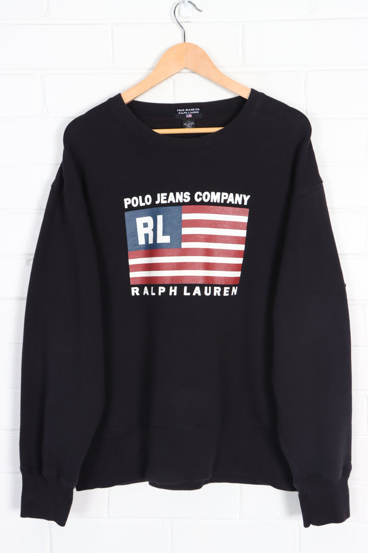 RALPH LAUREN POLO JEANS Flag Logo Black Sweatshirt (XL)