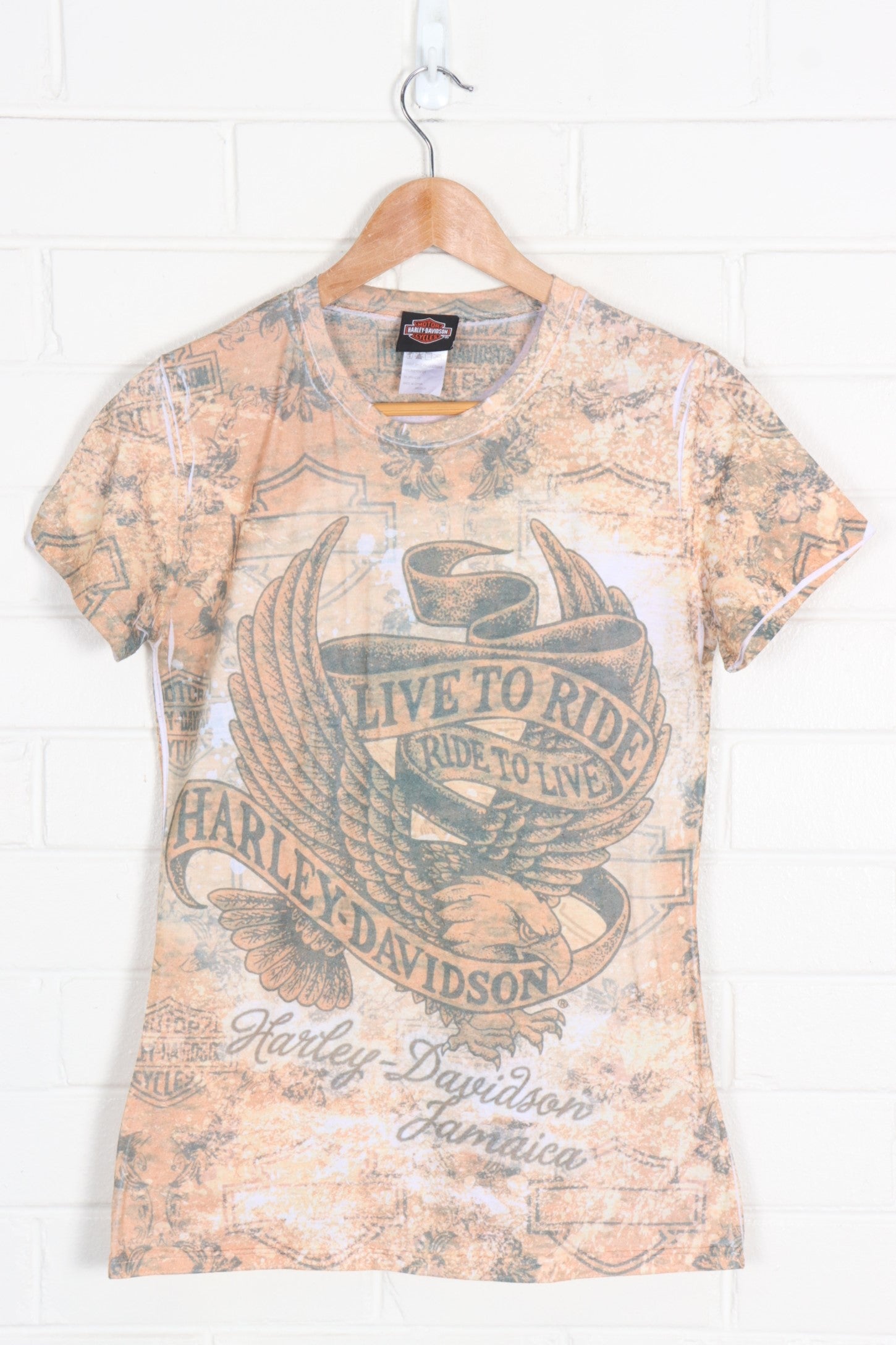 HARLEY DAVIDSON Tattoo Eagle All Over Print Baby Tee (Women's S-M) - Vintage Sole Melbourne