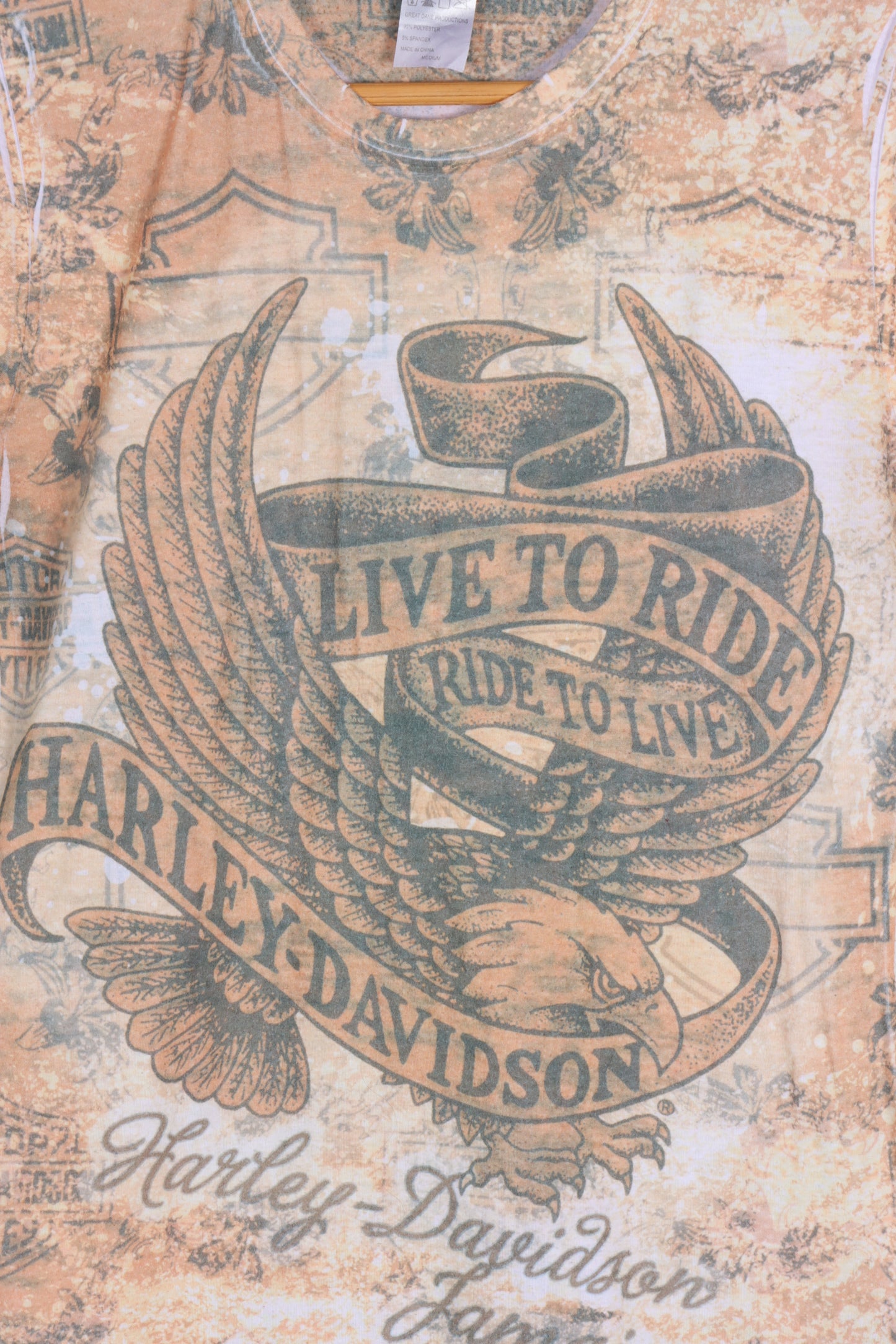 HARLEY DAVIDSON Tattoo Eagle All Over Print Baby Tee (Women's S-M) - Vintage Sole Melbourne