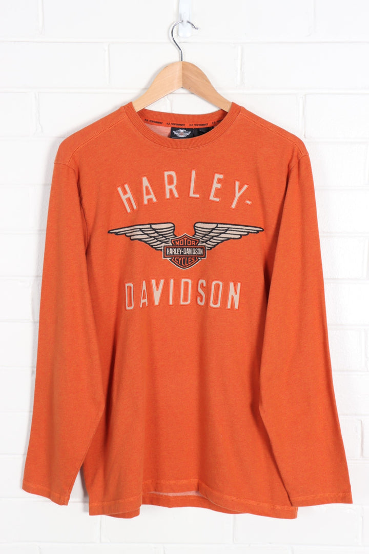 Orange HARLEY DAVIDSON Embroidered Wings Logo Long Sleeve Tee (M) - Vintage Sole Melbourne