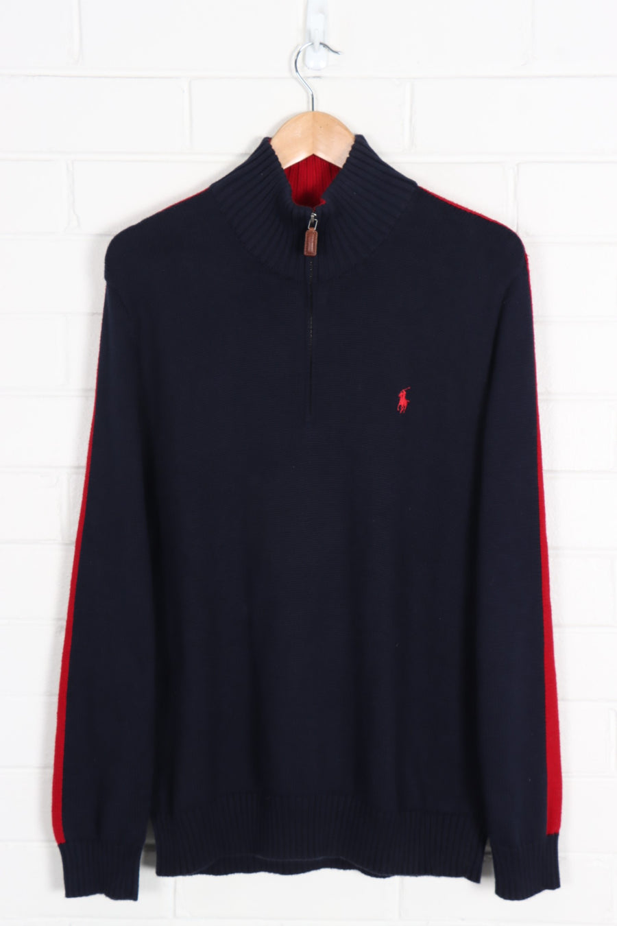 POLO RALPH LAUREN Navy & Red Embroidered 1/4 Zip Sweater Knit (M)