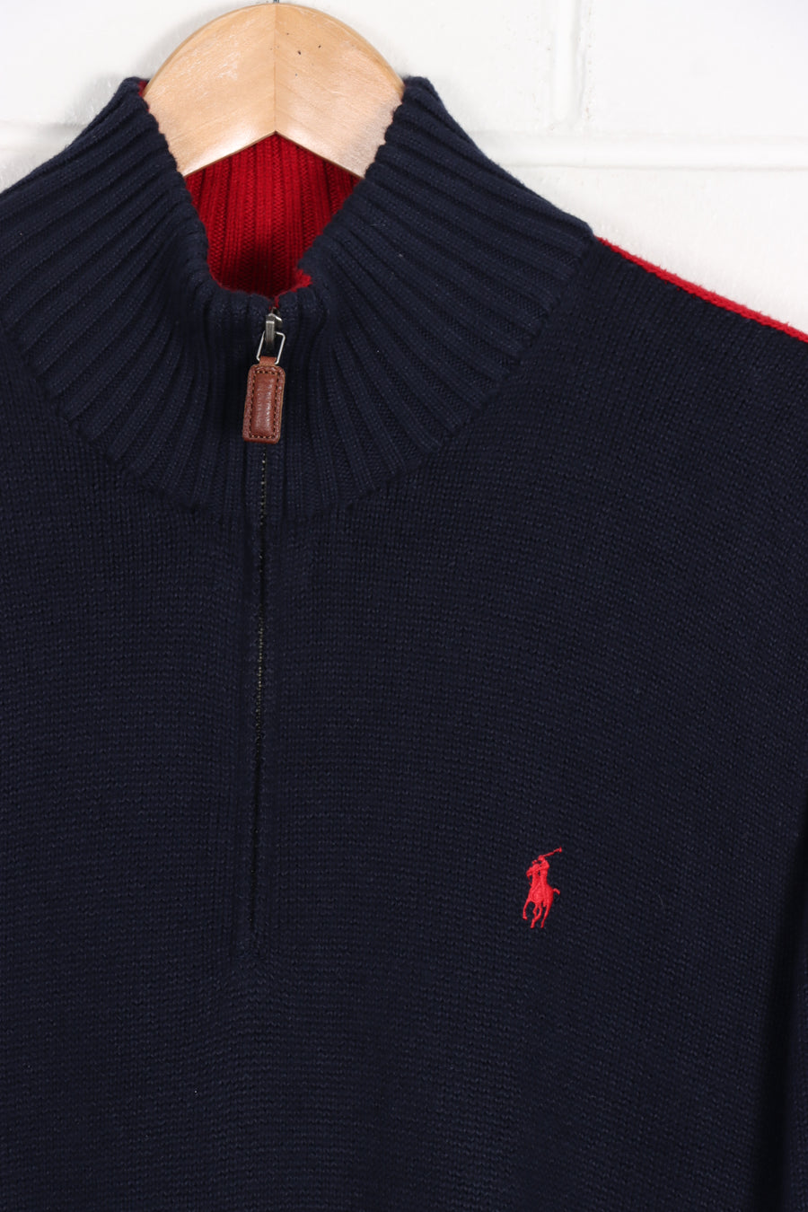 POLO RALPH LAUREN Navy & Red Embroidered 1/4 Zip Sweater Knit (M)