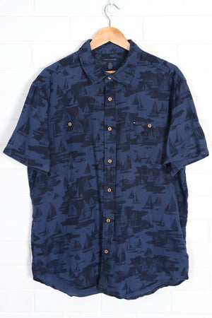 TOMMY HILFIGER Linen Navy Blue Sailboat Short Sleeve Shirt (XL) - Vintage Sole Melbourne