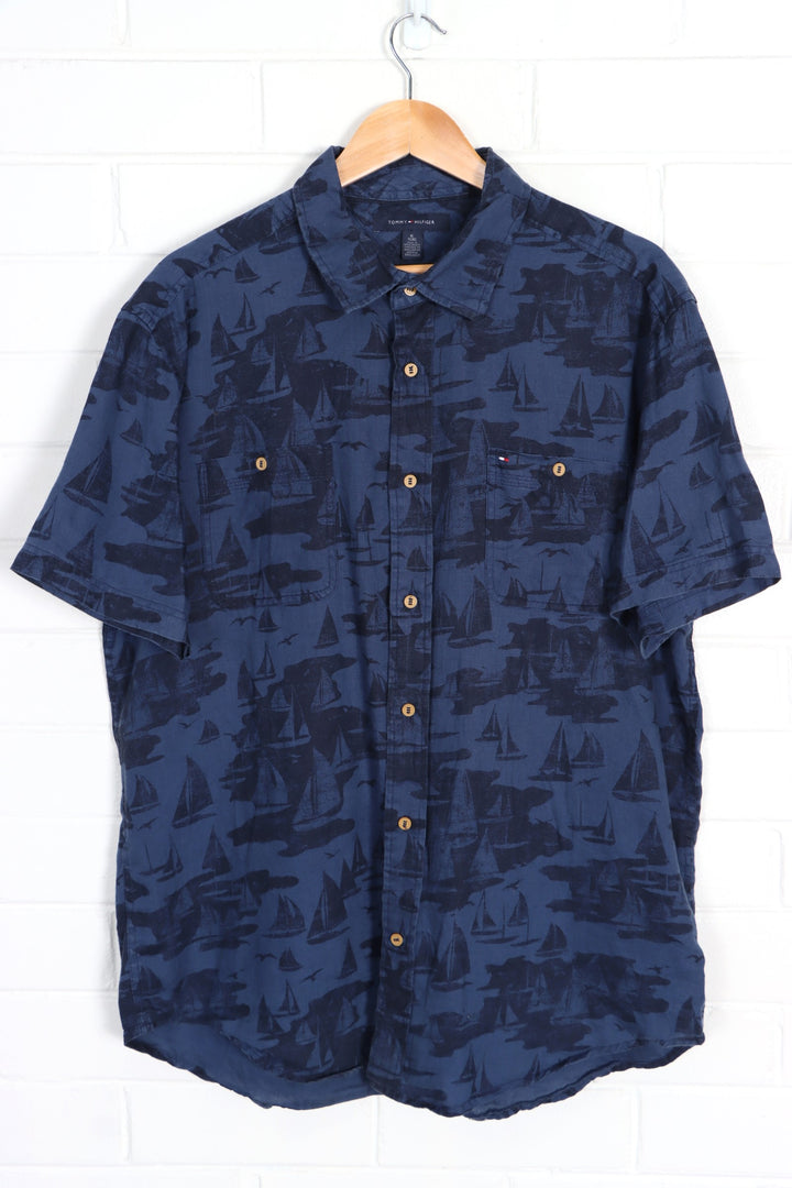 TOMMY HILFIGER Linen Navy Blue Sailboat Short Sleeve Shirt (XL) - Vintage Sole Melbourne