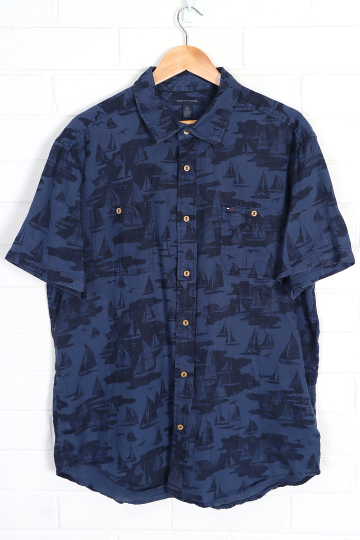 TOMMY HILFIGER Linen Navy Blue Sailboat Short Sleeve Shirt (XL)