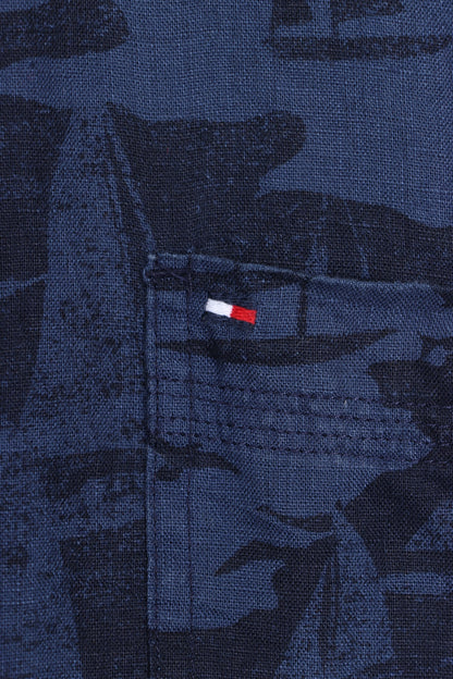 TOMMY HILFIGER Linen Navy Blue Sailboat Short Sleeve Shirt (XL) - Vintage Sole Melbourne