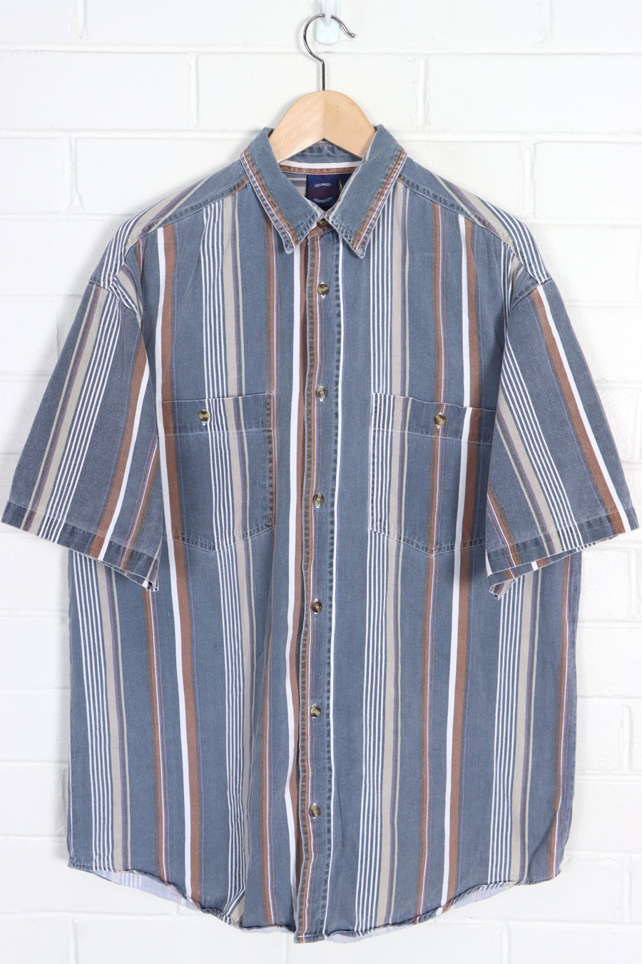 Washed Denim & Brown Short Sleeve Utility Shirt (L)