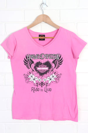HARLEY DAVIDSON "Ride to Live" Pink Heart Y2K V-Neck Tee (Women's M) - Vintage Sole Melbourne
