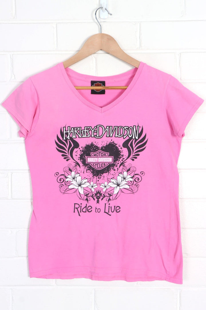 HARLEY DAVIDSON "Ride to Live" Pink Heart Y2K V-Neck Tee (Women's M) - Vintage Sole Melbourne
