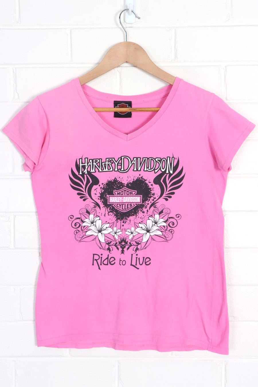HARLEY DAVIDSON "Ride to Live" Pink Heart Y2K V-Neck Tee (Women's M) - Vintage Sole Melbourne