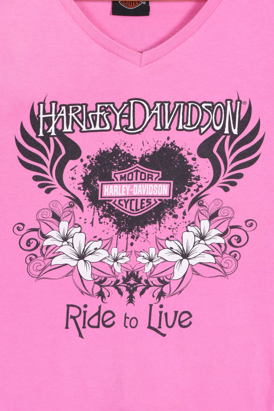 HARLEY DAVIDSON "Ride to Live" Pink Heart Y2K V-Neck Tee (Women's M) - Vintage Sole Melbourne
