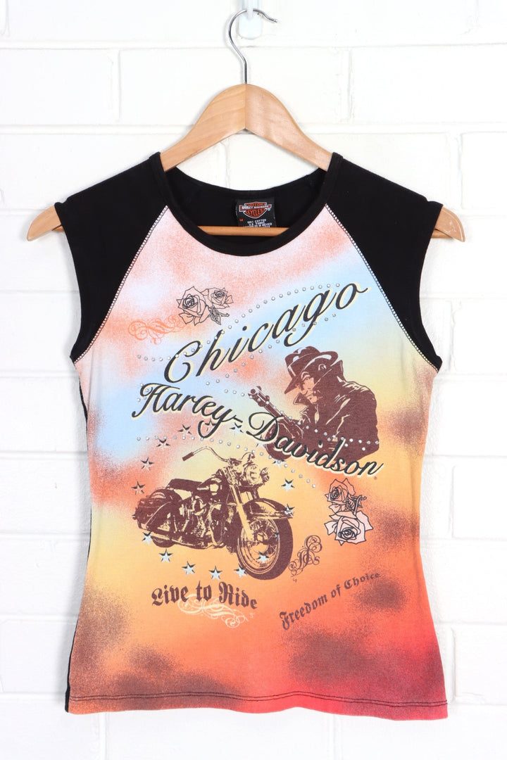 Chicago HARLEY DAVIDSON Colourful Embellished Y2K Tank Top (Women's S)