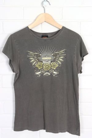 HARLEY DAVIDSON Embellished Wings & Roses Y2K T-Shirt (Women's M) - Vintage Sole Melbourne
