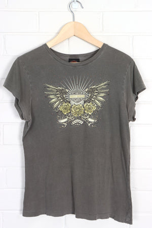 HARLEY DAVIDSON ABC Embellished Wings & Roses Y2K T-Shirt (Women's M)