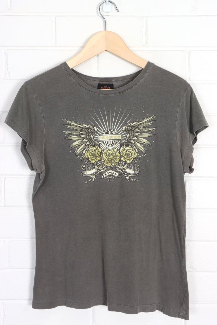 HARLEY DAVIDSON Embellished Wings & Roses Y2K T-Shirt (Women's M) - Vintage Sole Melbourne