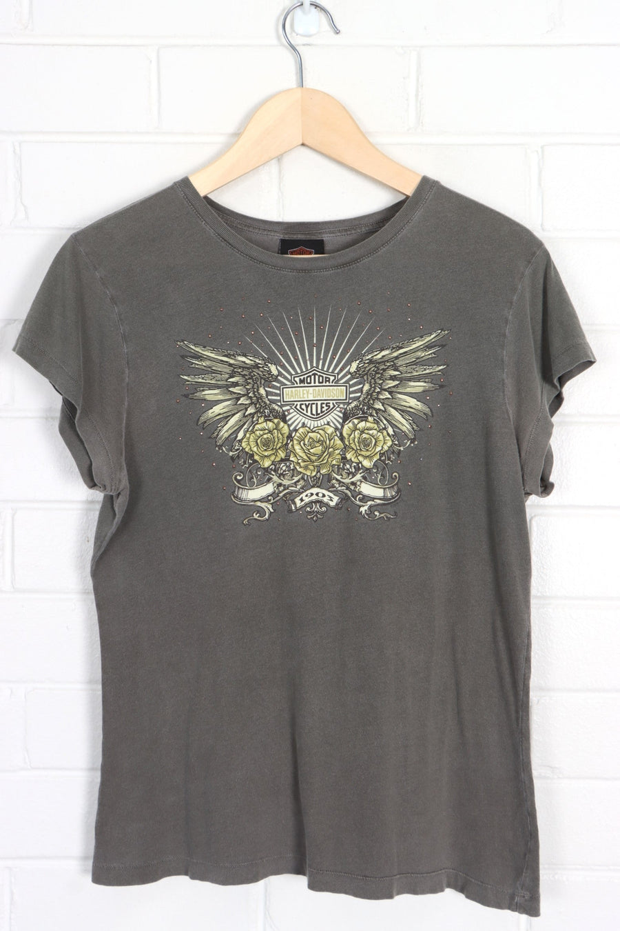 HARLEY DAVIDSON Embellished Wings & Roses Y2K T-Shirt (Women's M) - Vintage Sole Melbourne