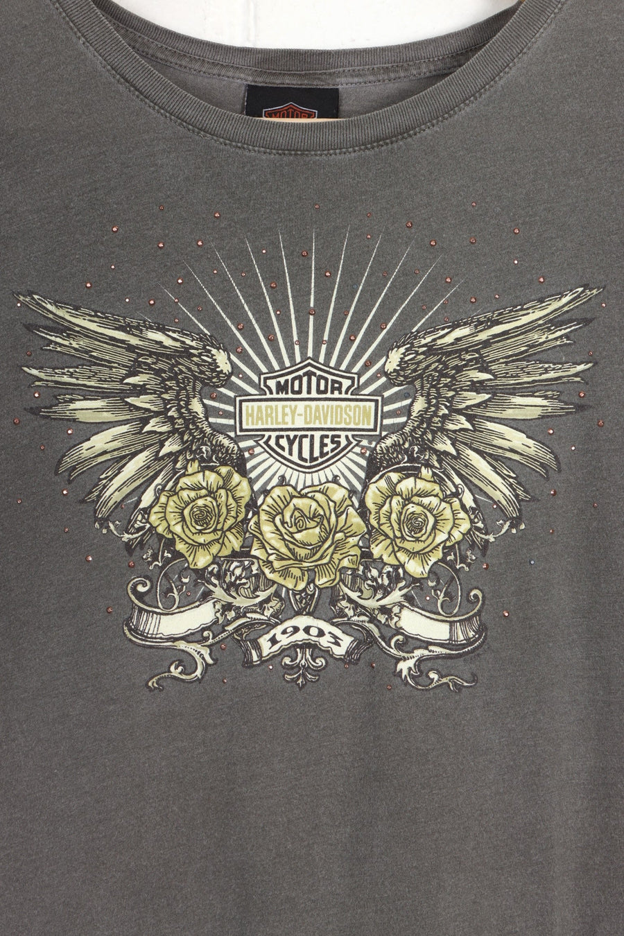 HARLEY DAVIDSON Embellished Wings & Roses Y2K T-Shirt (Women's M) - Vintage Sole Melbourne