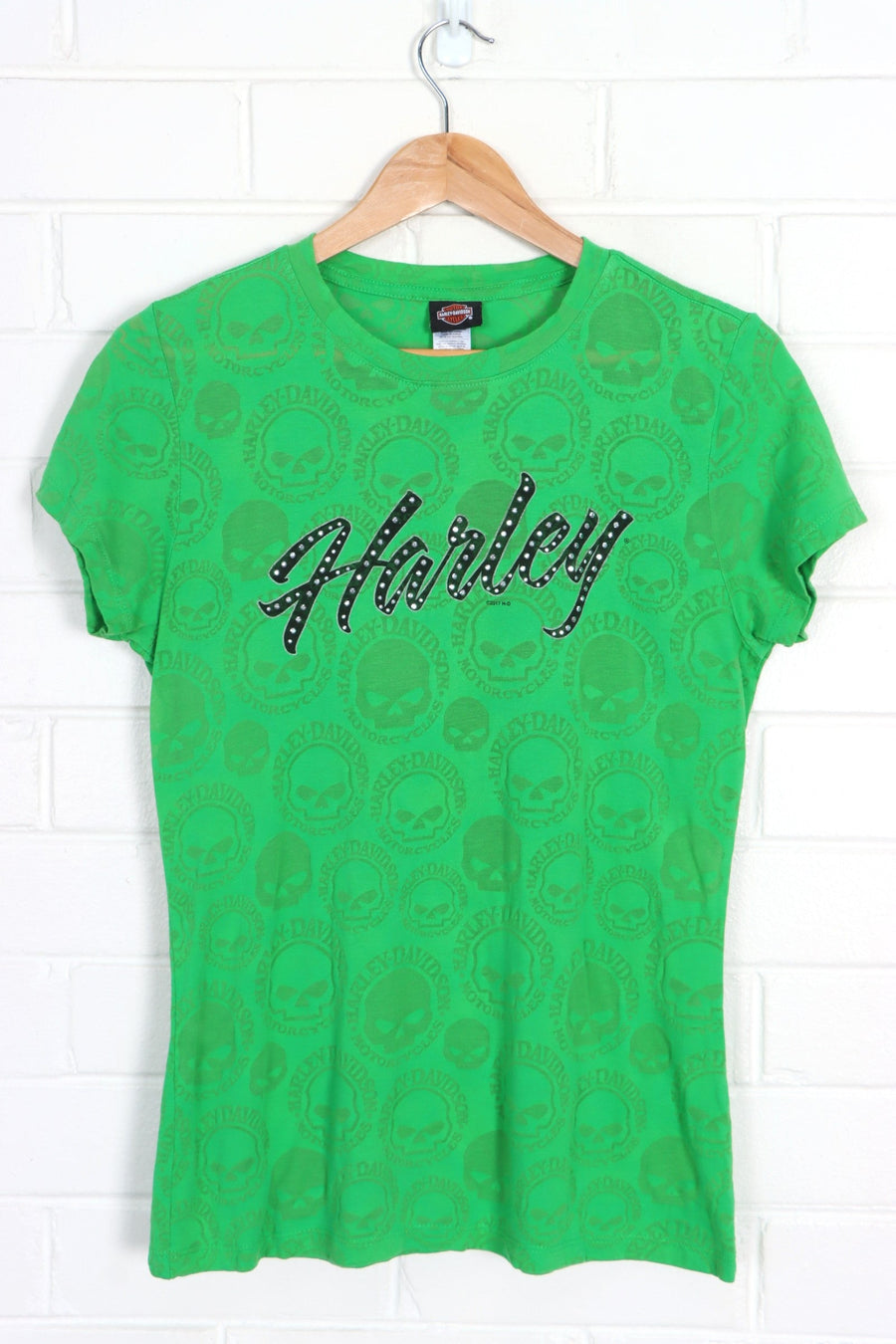 HARLEY DAVIDSON Sheer Skulls Embellished Tee USA Made (Women's M) - Vintage Sole Melbourne