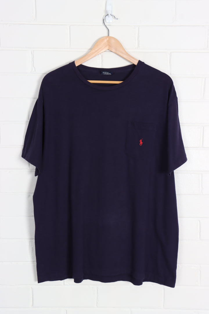 POLO RALPH LAUREN Navy & Red Embroidered Pocket Single Stitch Tee (XL)