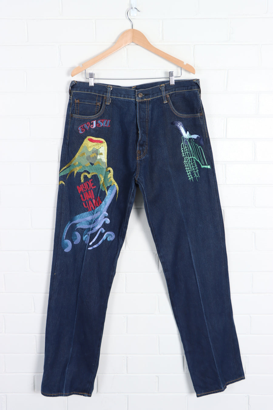 EVISU Heritage "Umi Yama" Embroidered Volcano Button Fly Jeans (38) - Vintage Sole Melbourne