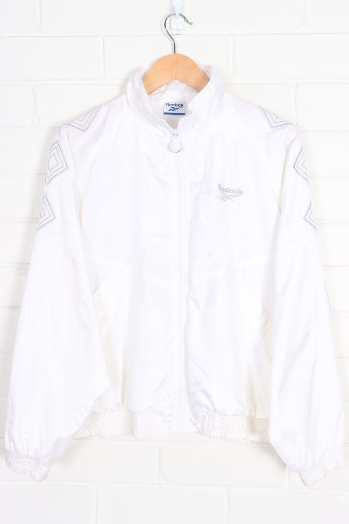 White REEBOK Geometric Embroidered Lined Windbreaker Jacket (S)