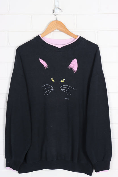 Vintage 1986 Black Cat Eyes Double Crew Neck Sweatshirt (XL) - Vintage Sole Melbourne