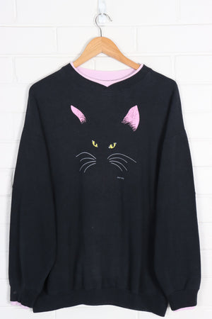 Vintage 1986 Black Cat Eyes Double Crew Neck Sweatshirt (XL)