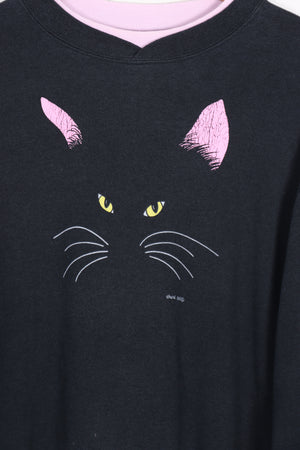 Vintage 1986 Black Cat Eyes Double Crew Neck Sweatshirt (XL)