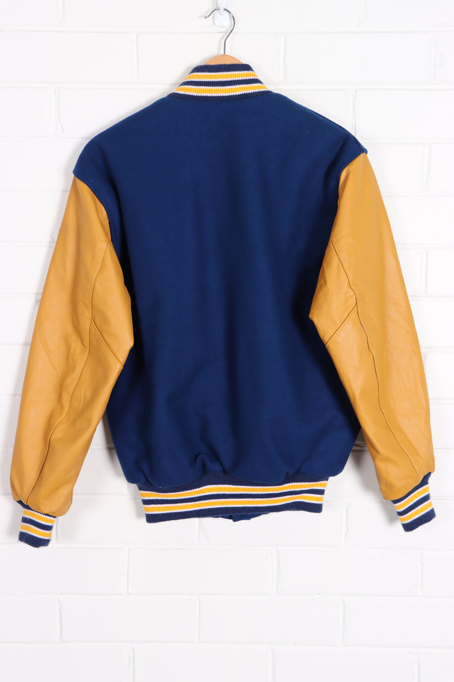 Blue & Gold Leather and Felt Varsity Bomber Jacket USA Made (S) - Vintage Sole Melbourne