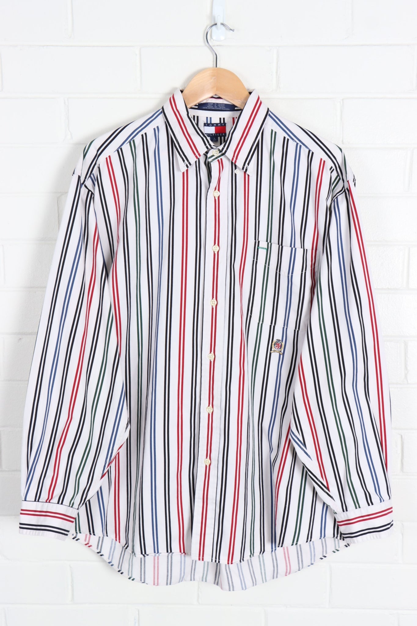 TOMMY HILFIGER Embroidered Crest Striped Long Sleeve Shirt (XL) | Vintage  Sole Melbourne