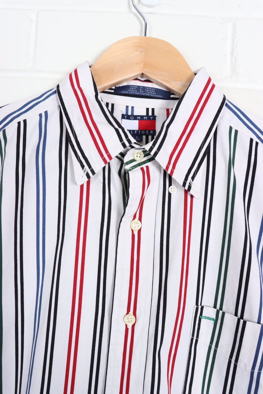 TOMMY HILFIGER Embroidered Crest Striped Long Sleeve Shirt (XL) - Vintage Sole Melbourne