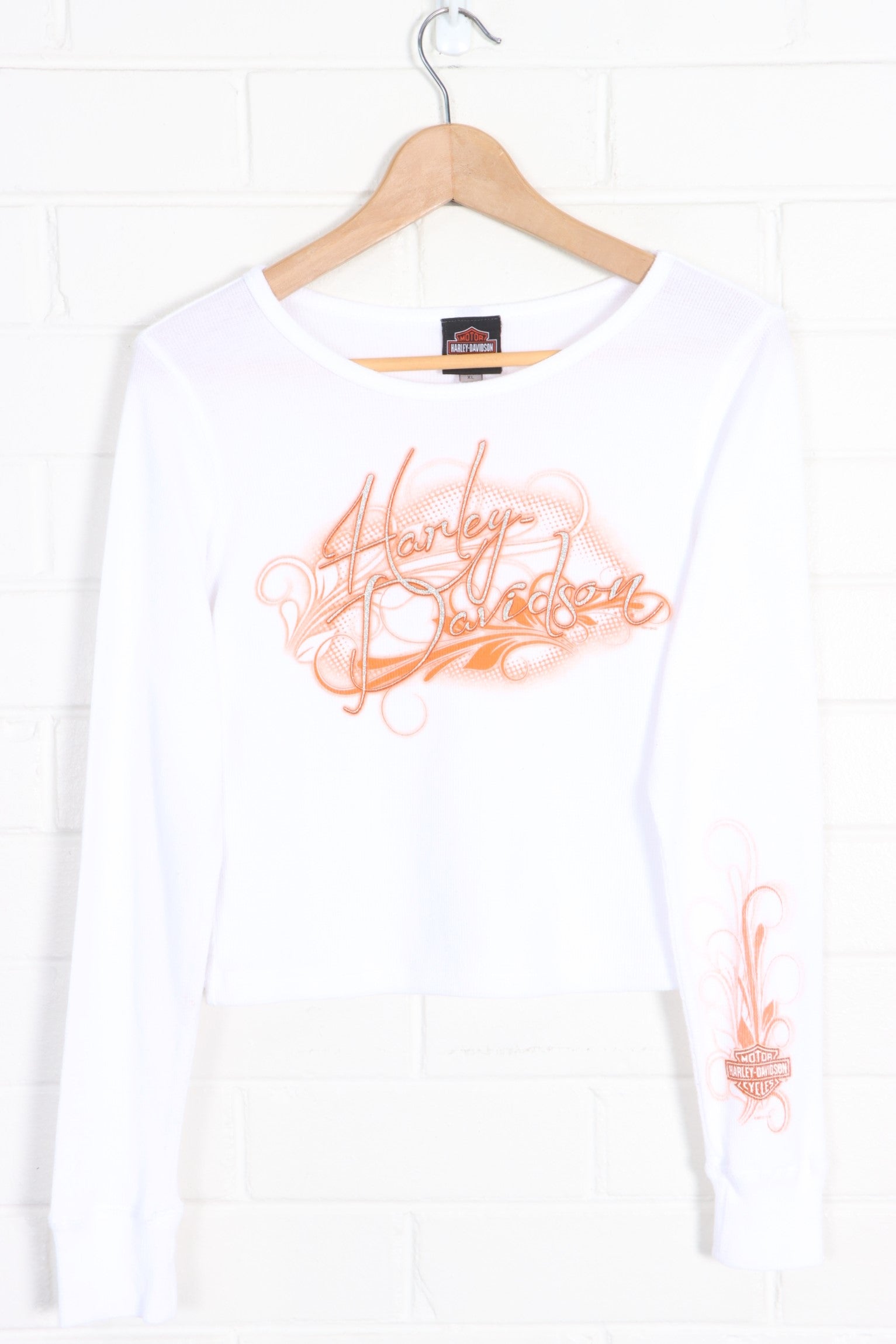 HARLEY DAVIDSON Glitter Logo Y2K Long Sleeve Crop Top (Women's M-L) - Vintage Sole Melbourne