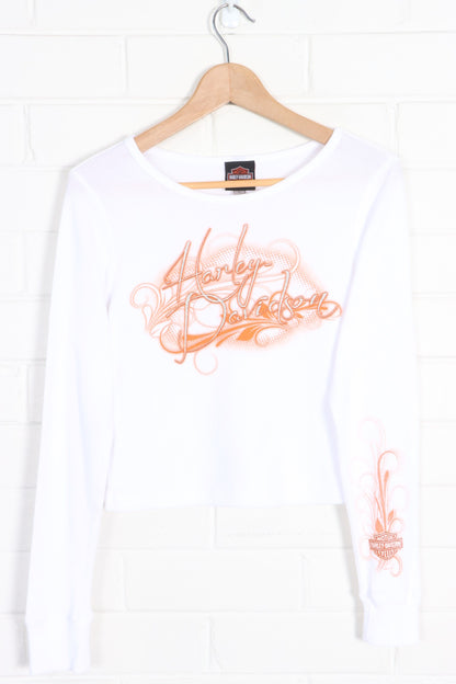 HARLEY DAVIDSON Glitter Logo Y2K Long Sleeve Crop Top (Women's M-L) - Vintage Sole Melbourne