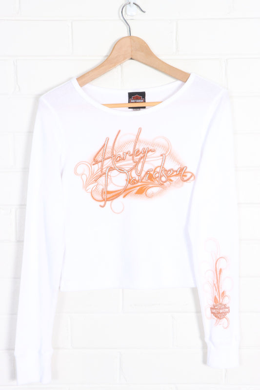 HARLEY DAVIDSON Glitter Logo Y2K Long Sleeve Crop Top (Women's M-L) - Vintage Sole Melbourne