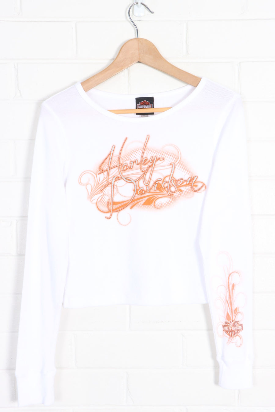 HARLEY DAVIDSON Glitter Logo Y2K Long Sleeve Crop Top (Women's M-L) - Vintage Sole Melbourne