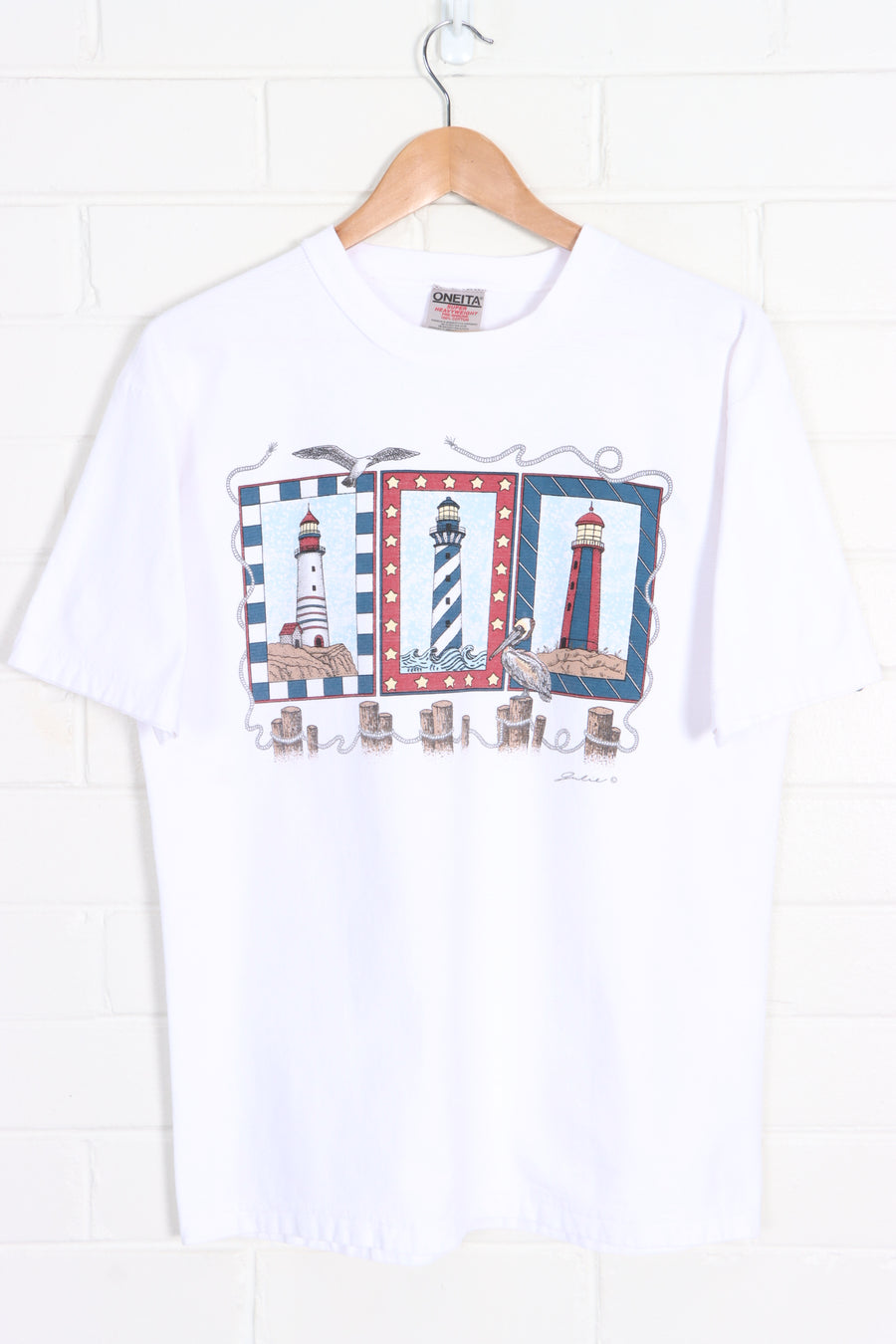 Nautical Lighthouse Front Back Ribbed T-Shirt (S-M)