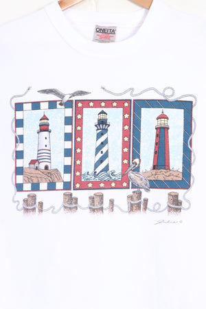 Nautical Lighthouse Front Back Ribbed T-Shirt (S-M)