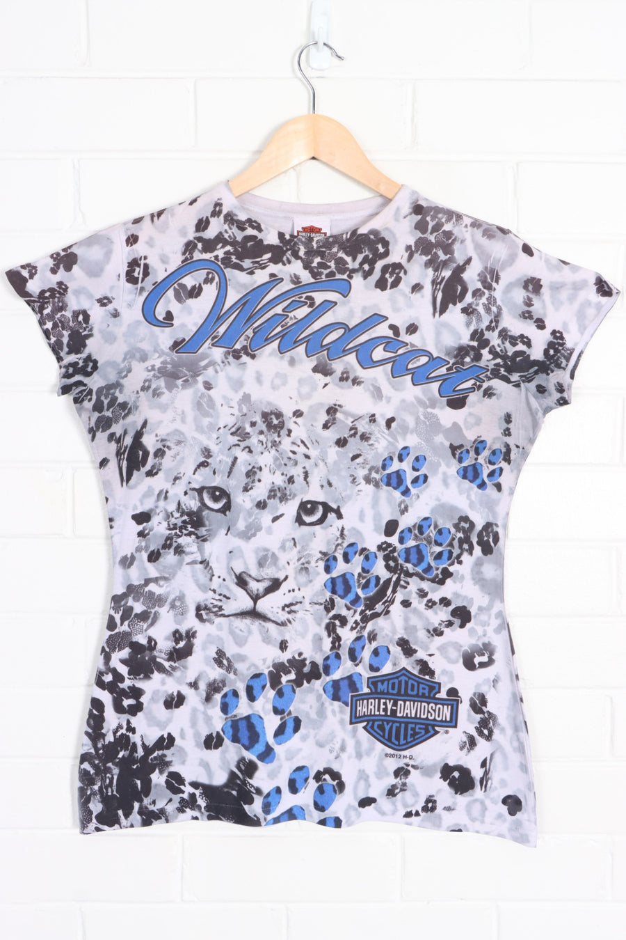 HARLEY DAVIDSON "Wildcat" Leopard Print All Over Cap Sleeve T-Shirt (Women's L) - Vintage Sole Melbourne