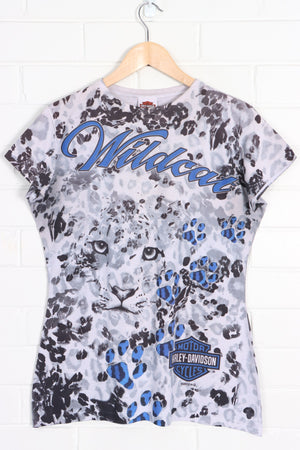 HARLEY DAVIDSON "Wildcat" Leopard Print All Over Cap Sleeve T-Shirt (Women's L) - Vintage Sole Melbourne