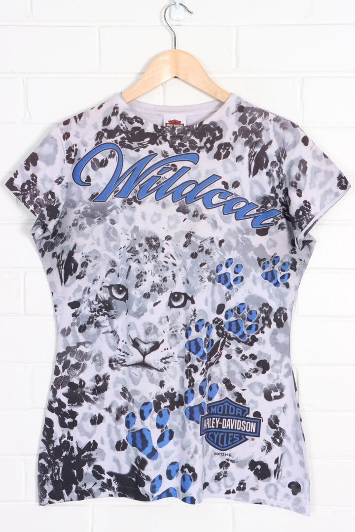 HARLEY DAVIDSON "Wildcat" Leopard Print All Over Cap Sleeve T-Shirt (Women's L) - Vintage Sole Melbourne