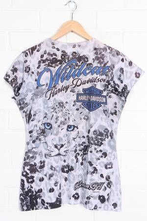 HARLEY DAVIDSON "Wildcat" Leopard Print All Over Cap Sleeve T-Shirt (Women's L) - Vintage Sole Melbourne