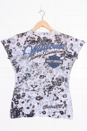 HARLEY DAVIDSON "Wildcat" Leopard Print All Over Cap Sleeve T-Shirt (Women's L) - Vintage Sole Melbourne