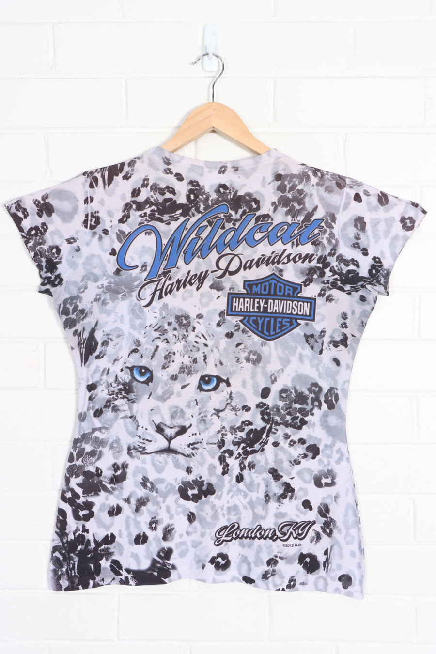 HARLEY DAVIDSON "Wildcat" Leopard Print All Over Cap Sleeve T-Shirt (Women's L) - Vintage Sole Melbourne