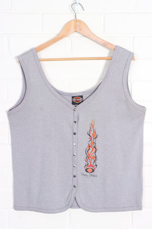 HARLEY DAVIDSON Y2K Flames Button Up Vest Top USA Made (Women's XL) - Vintage Sole Melbourne
